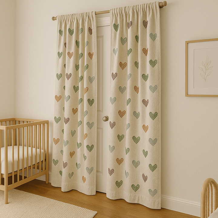Heart Print Linen Nursery Curtains – Custom Sizes, Blackout or Cotton Lined – Rod Pocket & Track Compatible