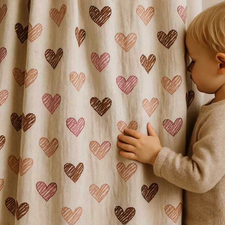 Heart Print Linen Nursery Curtains – Custom Sizes, Blackout or Cotton Lined – Rod Pocket & Track Compatible