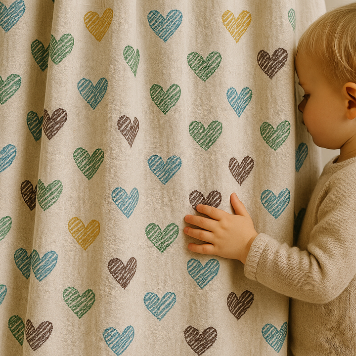Heart Print Linen Nursery Curtains – Custom Sizes, Blackout or Cotton Lined – Rod Pocket & Track Compatible