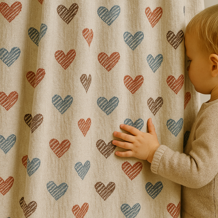 Heart Print Linen Nursery Curtains – Custom Sizes, Blackout or Cotton Lined – Rod Pocket & Track Compatible