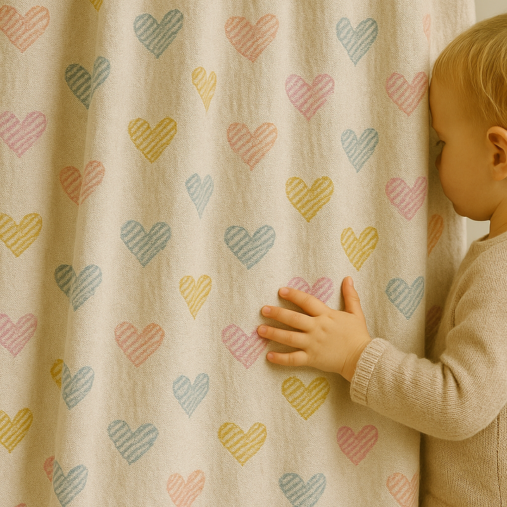 Heart Print Linen Nursery Curtains – Custom Sizes, Blackout or Cotton Lined – Rod Pocket & Track Compatible