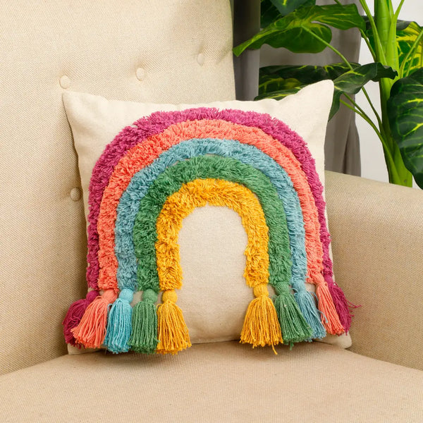 Rainbow Cushion Cover | Cotton | Tufted Tassels | Colorful Boho Decor | 40x40cm