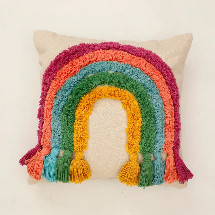 Rainbow Cushion Cover | Cotton | Tufted Tassels | Colorful Boho Decor | 40x40cm