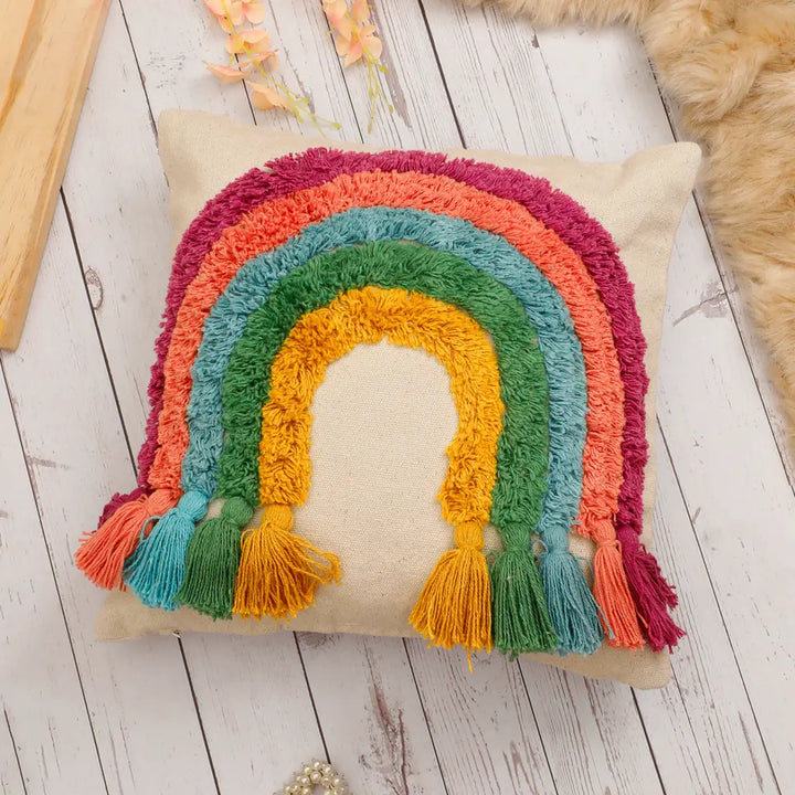 Rainbow Cushion Cover | Cotton | Tufted Tassels | Colorful Boho Decor | 40x40cm