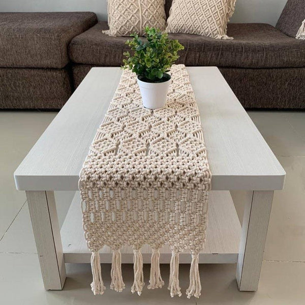 Handmade Cotton Macrame Table Runner | Natural Beige Diamond Pattern Boho Runner | 14x72" (36x183cm)