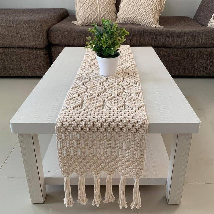 Handmade Cotton Macrame Table Runner | Natural Beige Diamond Pattern Boho Runner | 14x72" (36x183cm)