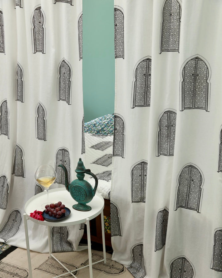Black & White Hand Block Printed Linen Curtains | Moroccan Door Design