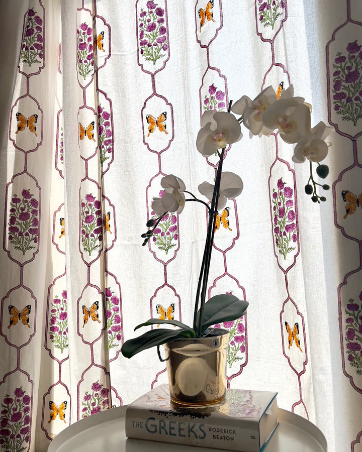 White & Purple Hand Block Printed Linen Curtains | Butterfly & Floral Design