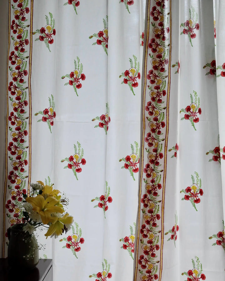 White & Red Hand Block Printed Linen Curtains | Gulmohar Flower Design