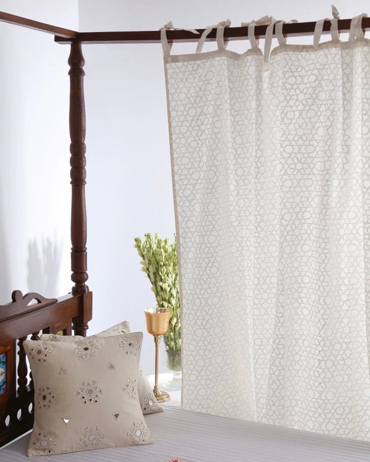 White Hand Block Printed Linen Curtains | Moroccan Geometric Design