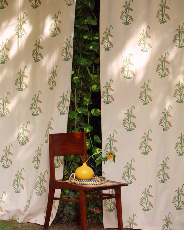 Off-White & Green Hand Block Printed Linen Curtains | Grass Pattern