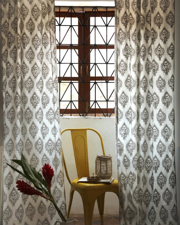 White & Grey Ikat Hand Block Printed Linen Curtains | Standard & Custom Sizing