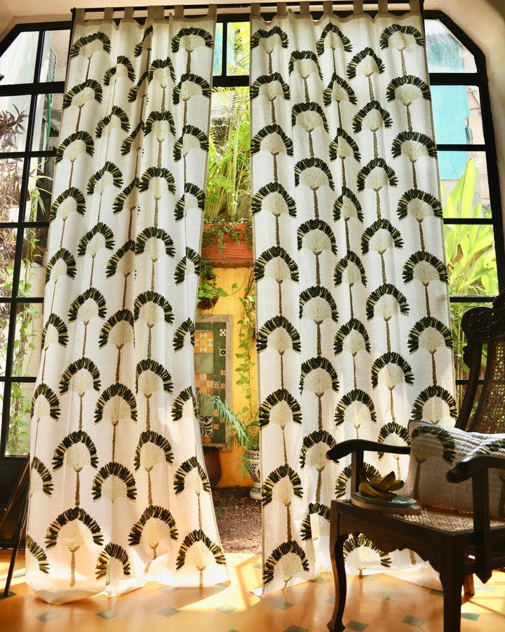 White & Green Hand Block Printed Linen Curtains | Traveller's Palm Design
