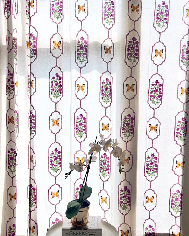 White & Purple Hand Block Printed Linen Curtains | Butterfly & Floral Design