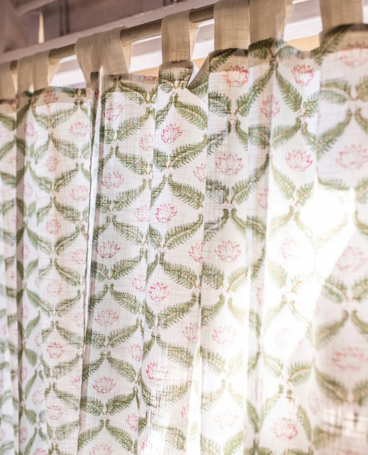 White & Green Hand Block Printed Linen Curtains | Lotus & Jaal Design
