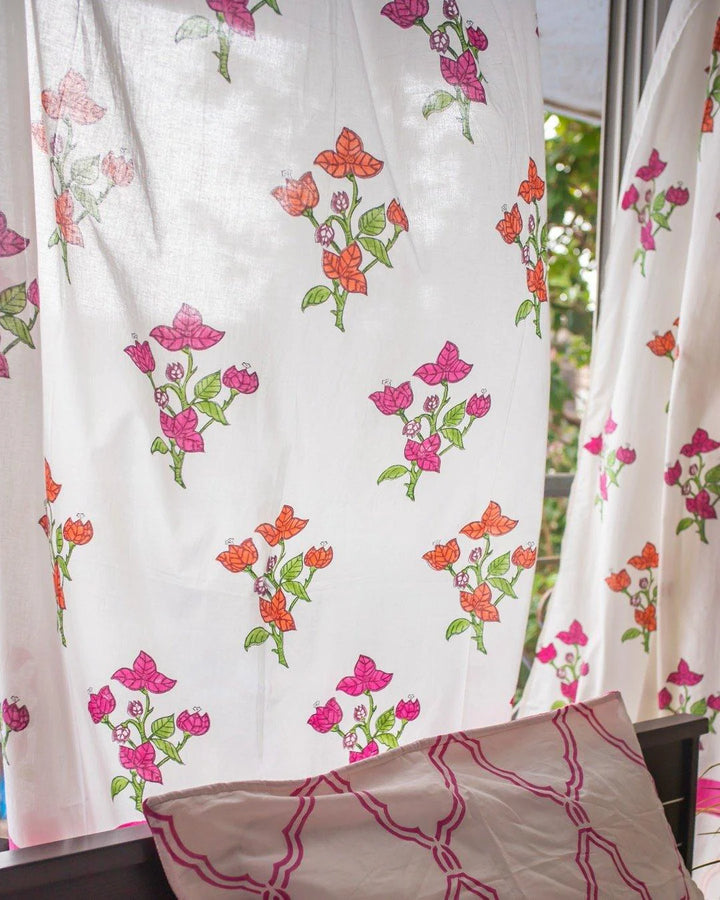 White & Pink Hand Block Printed Linen Curtains | Bougainvillea Design