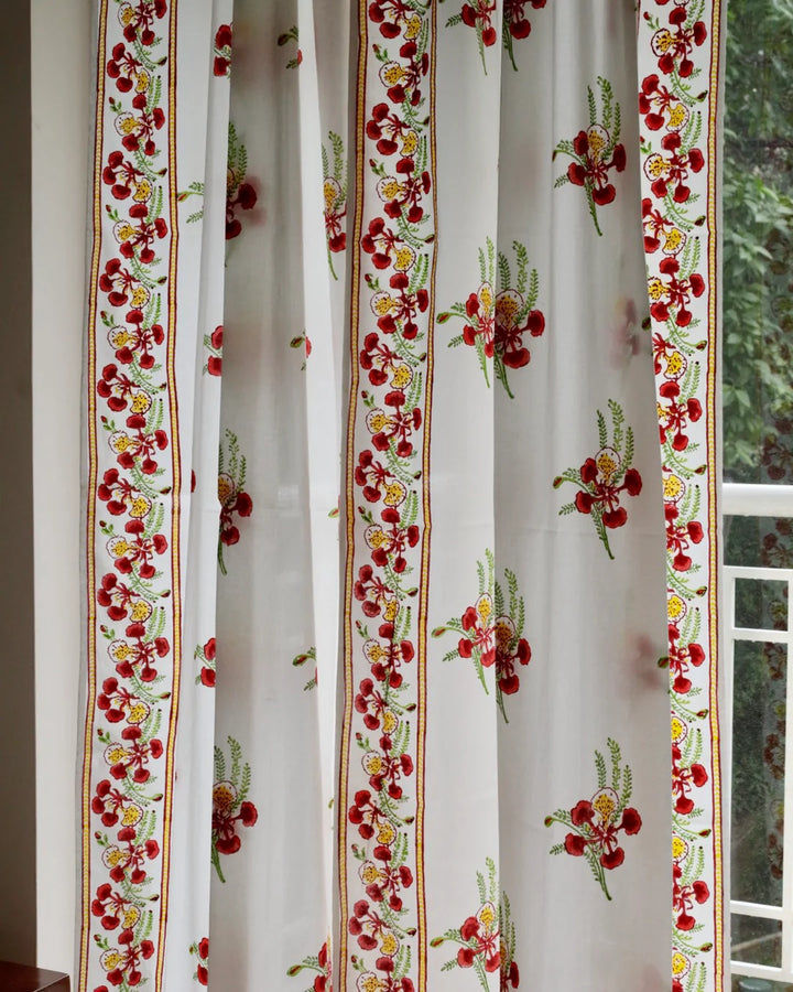 White & Red Hand Block Printed Linen Curtains | Gulmohar Flower Design