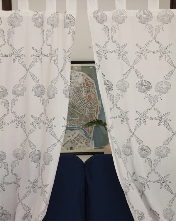 White & Black Hand Block Printed Linen Curtains | Seashell & Seahorse Design