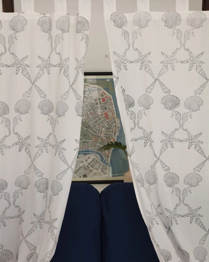 White & Black Hand Block Printed Linen Curtains | Seashell & Seahorse Design