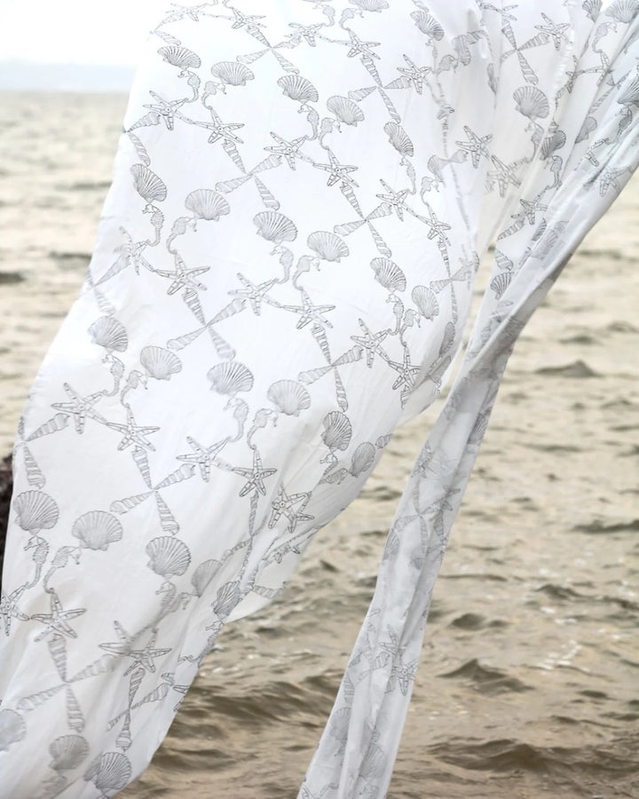 White & Black Hand Block Printed Linen Curtains | Seashell & Seahorse Design