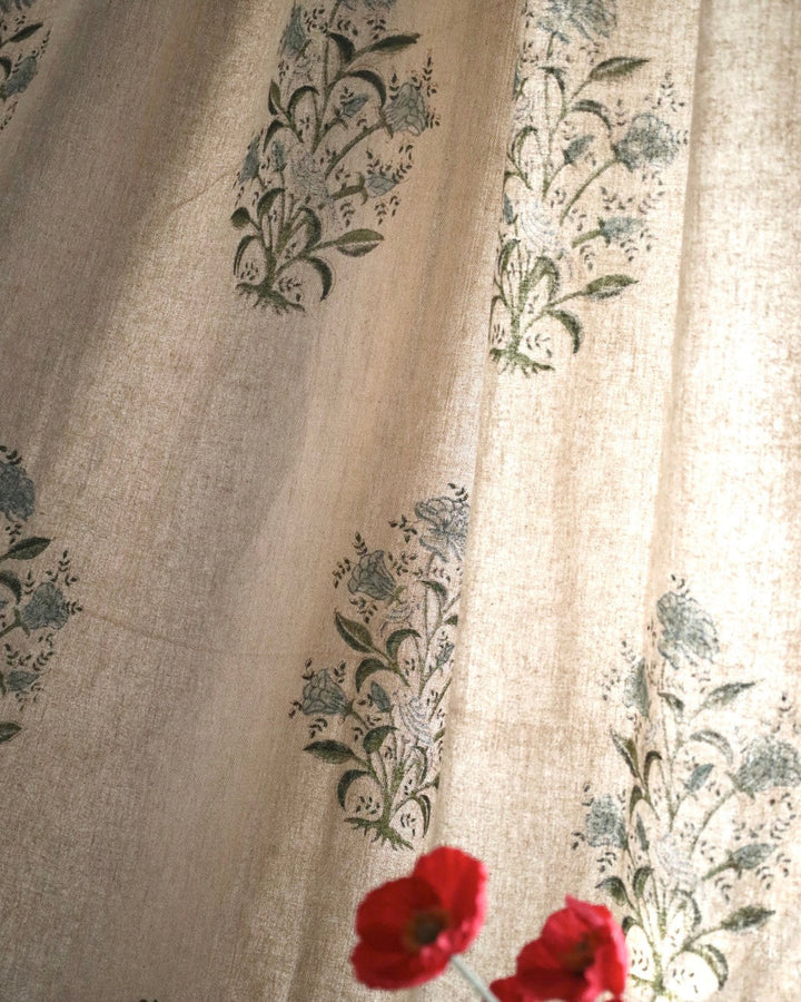 Hand Block Printed Linen Curtains | Bird & Floral Motif | Standard & Custom Lengths