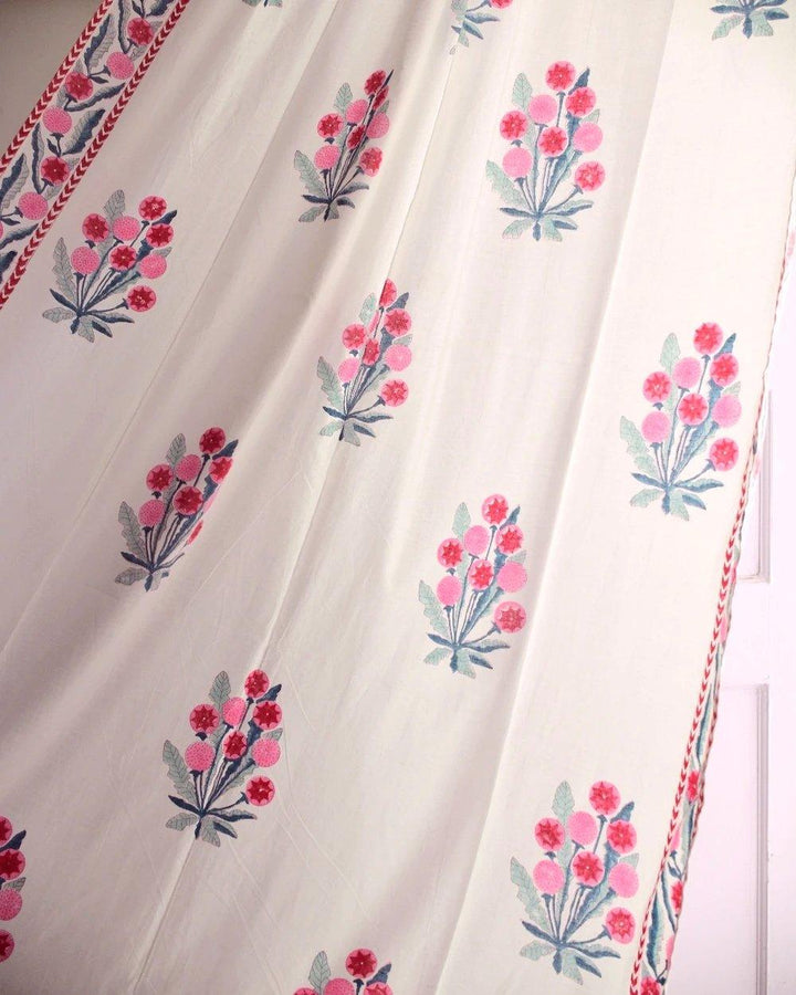Pink & Green Hand Block Printed Linen Curtains | Floral Design