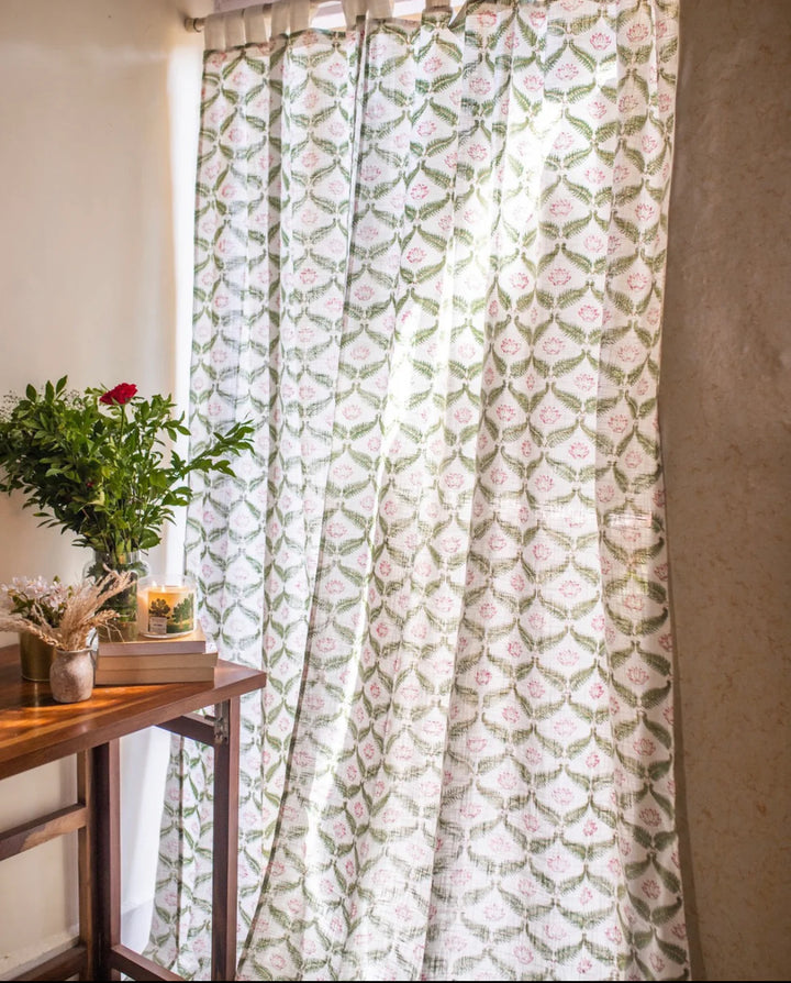 White & Green Hand Block Printed Linen Curtains | Lotus & Jaal Design