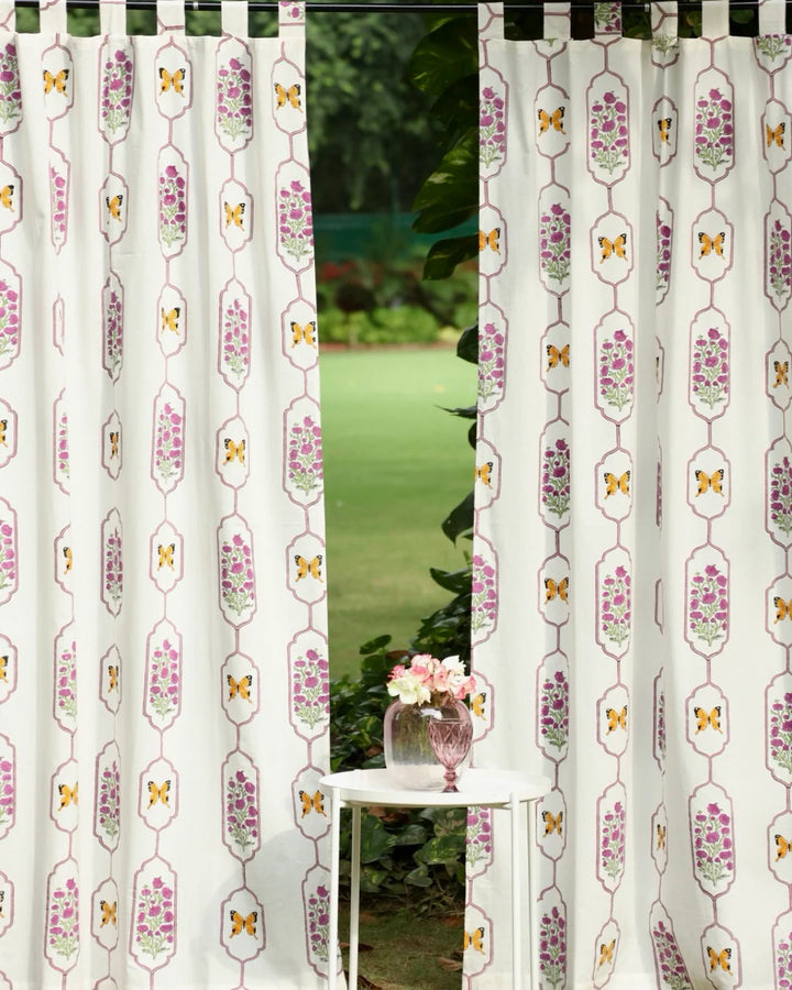 White & Purple Hand Block Printed Linen Curtains | Butterfly & Floral Design