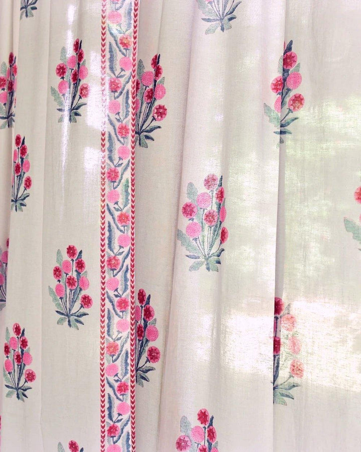 Pink & Green Hand Block Printed Linen Curtains | Floral Design