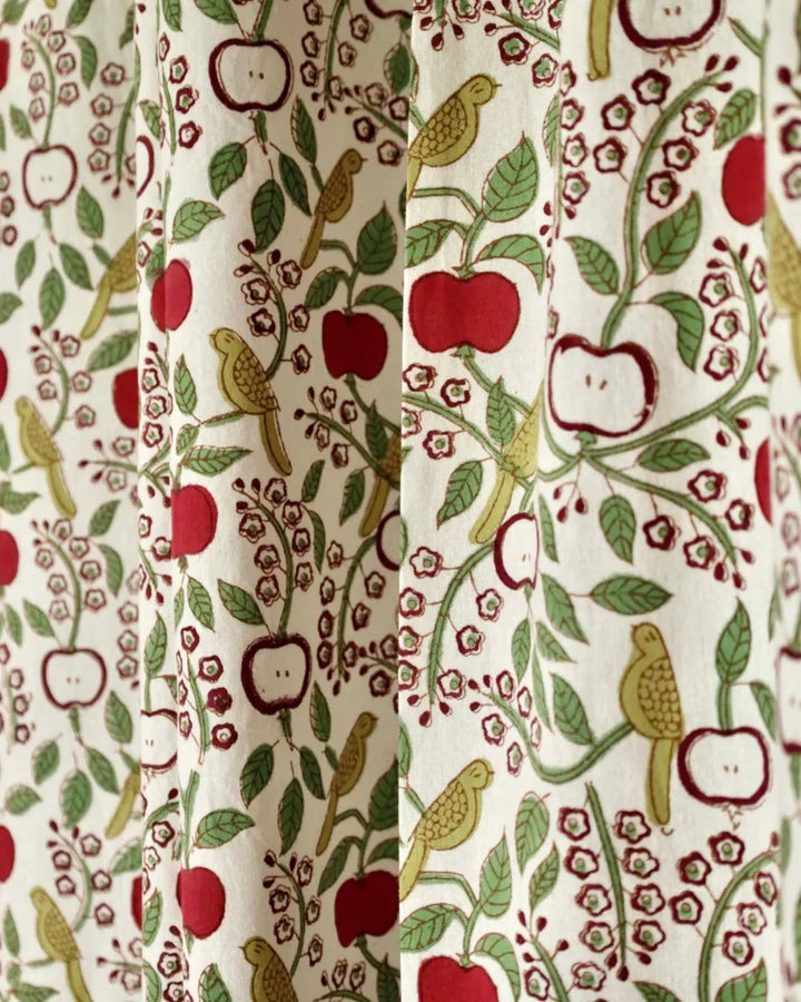 White & Red Hand Block Printed Linen Curtains | Apple & Bird Design
