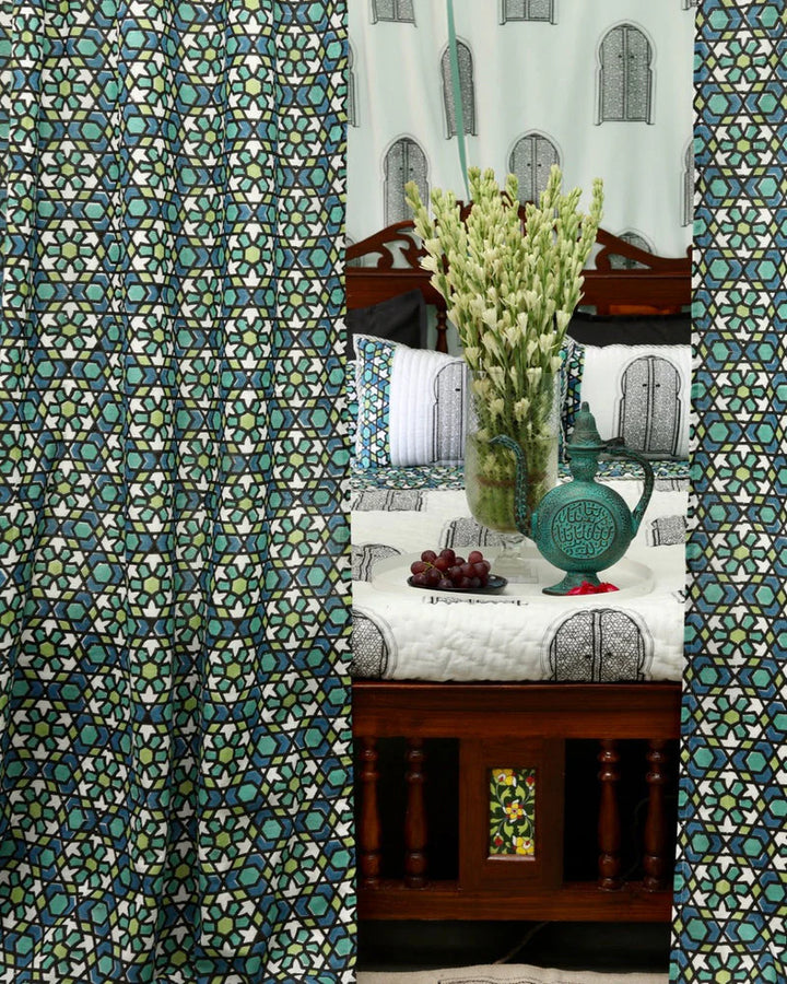 Blue & Green Moroccan Hand Block Printed Linen Curtains