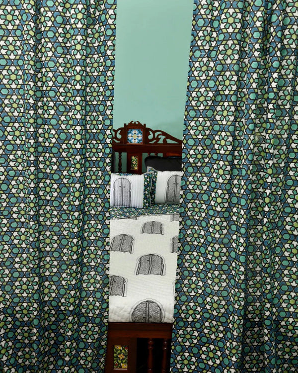 Blue & Green Moroccan Hand Block Printed Linen Curtains