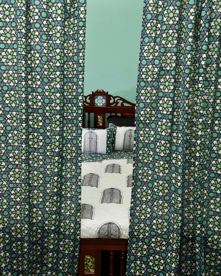 Blue & Green Moroccan Hand Block Printed Linen Curtains