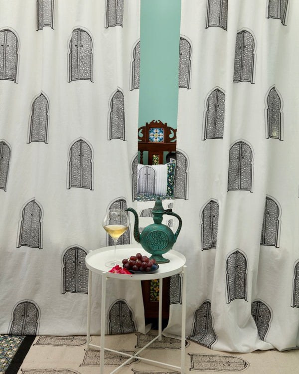 Black & White Hand Block Printed Linen Curtains | Moroccan Door Design
