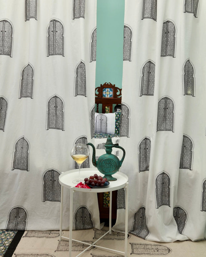 Black & White Hand Block Printed Linen Curtains | Moroccan Door Design