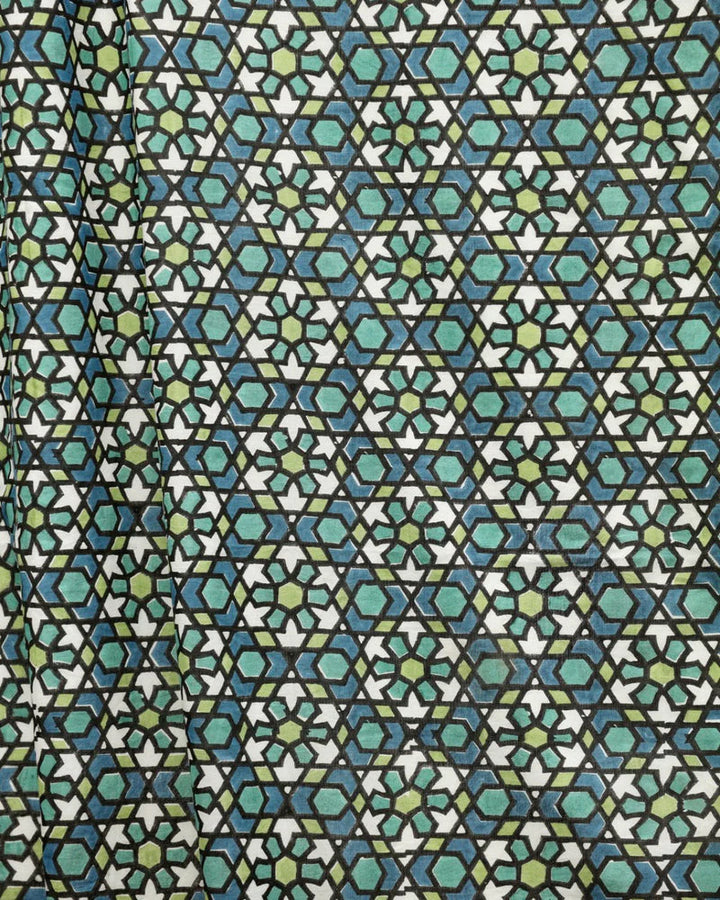 Blue & Green Moroccan Hand Block Printed Linen Curtains