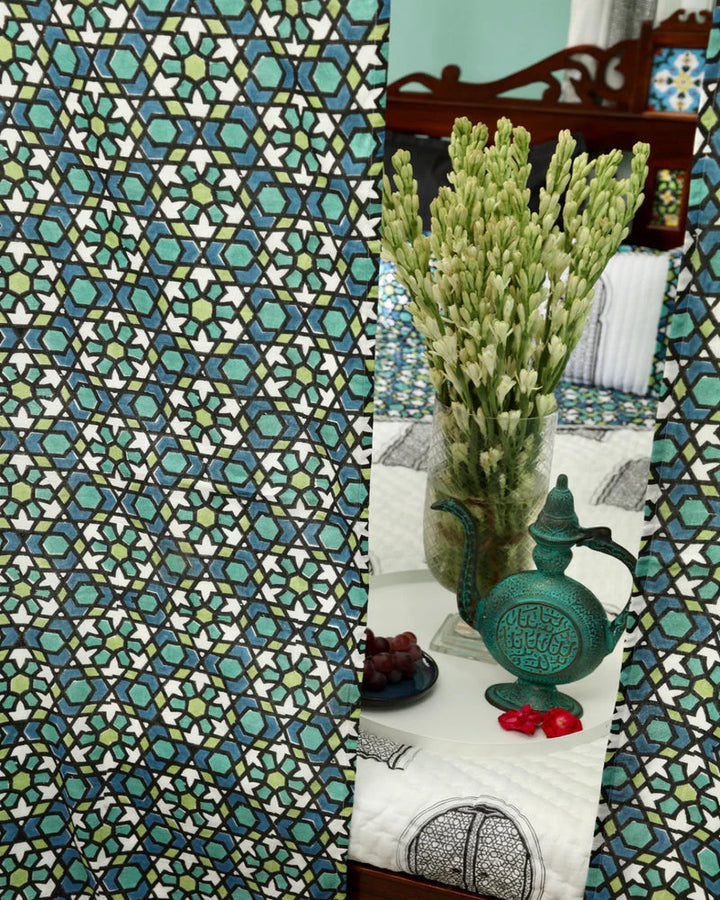 Blue & Green Moroccan Hand Block Printed Linen Curtains