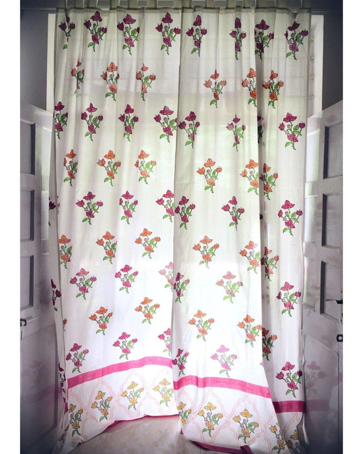 White & Pink Hand Block Printed Linen Curtains | Bougainvillea Design