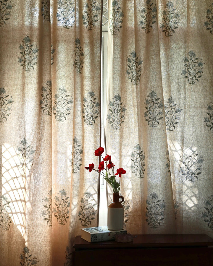 Hand Block Printed Linen Curtains | Bird & Floral Motif | Standard & Custom Lengths