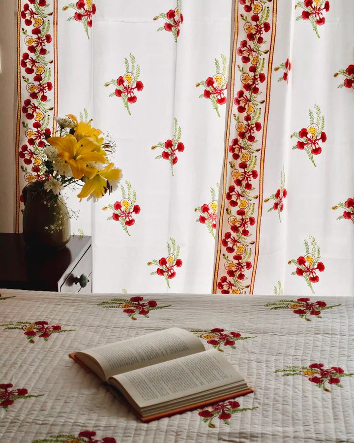 White & Red Hand Block Printed Linen Curtains | Gulmohar Flower Design