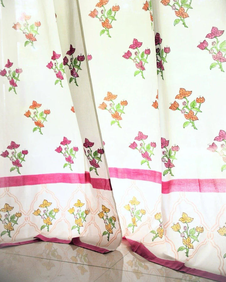 White & Pink Hand Block Printed Linen Curtains | Bougainvillea Design