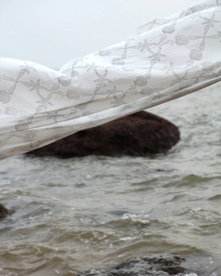 White & Black Hand Block Printed Linen Curtains | Seashell & Seahorse Design