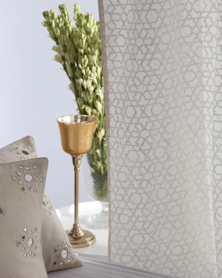 White Hand Block Printed Linen Curtains | Moroccan Geometric Design