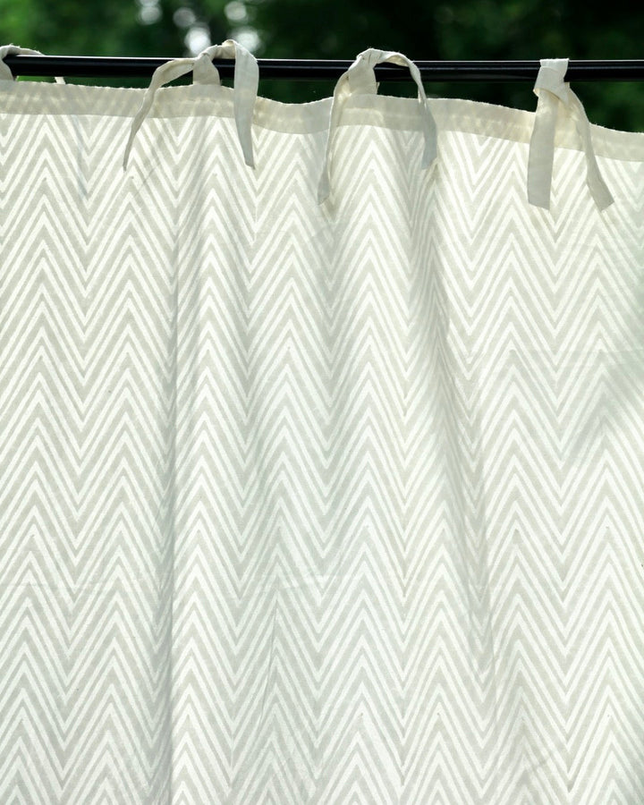 Off-White & Grey Hand Block Printed Linen Curtains | Chevron Pattern