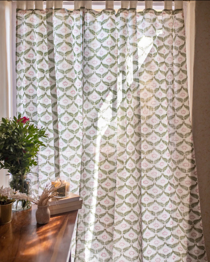 White & Green Hand Block Printed Linen Curtains | Lotus & Jaal Design
