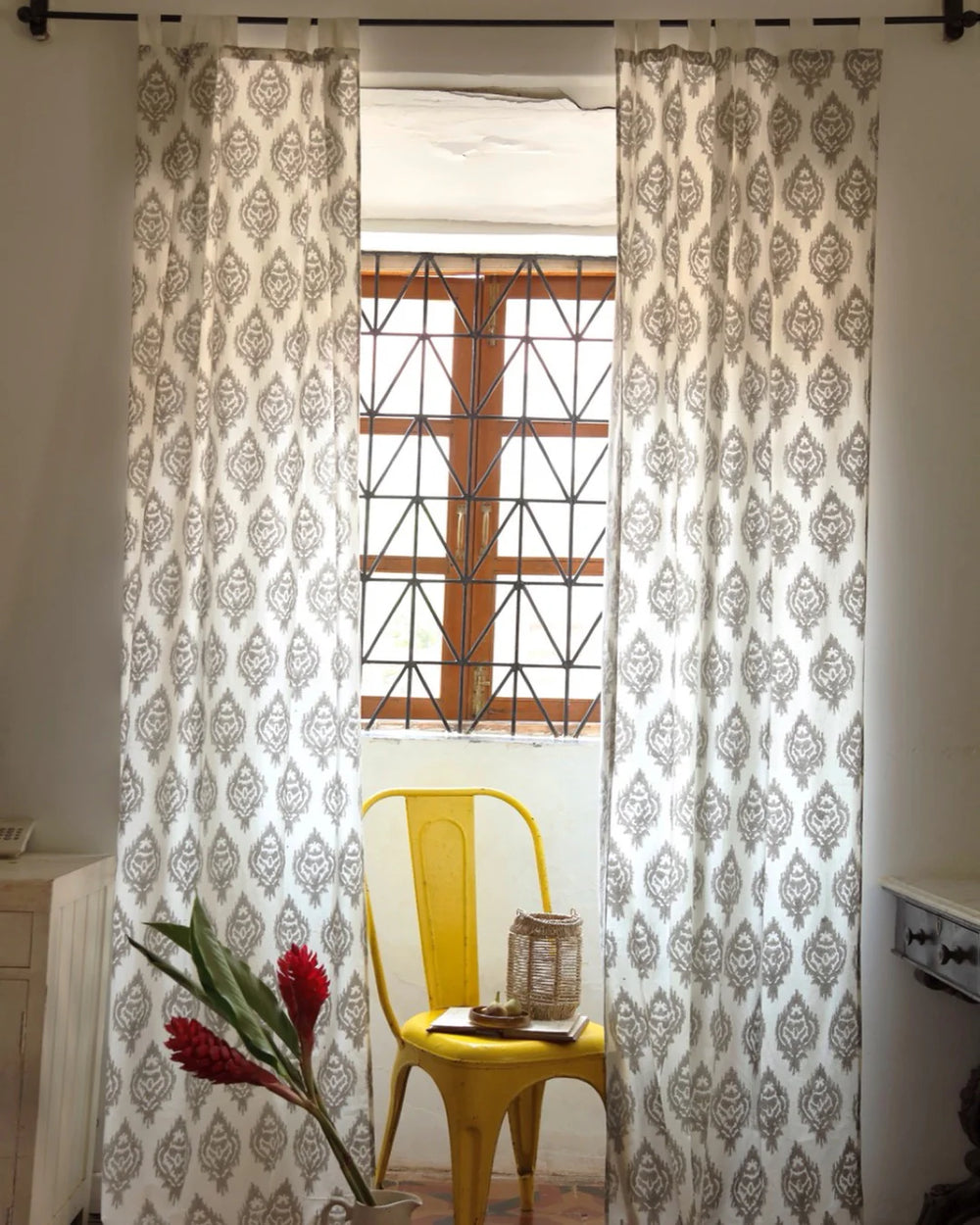 White & Grey Ikat Hand Block Printed Linen Curtains | Standard & Custom Sizing