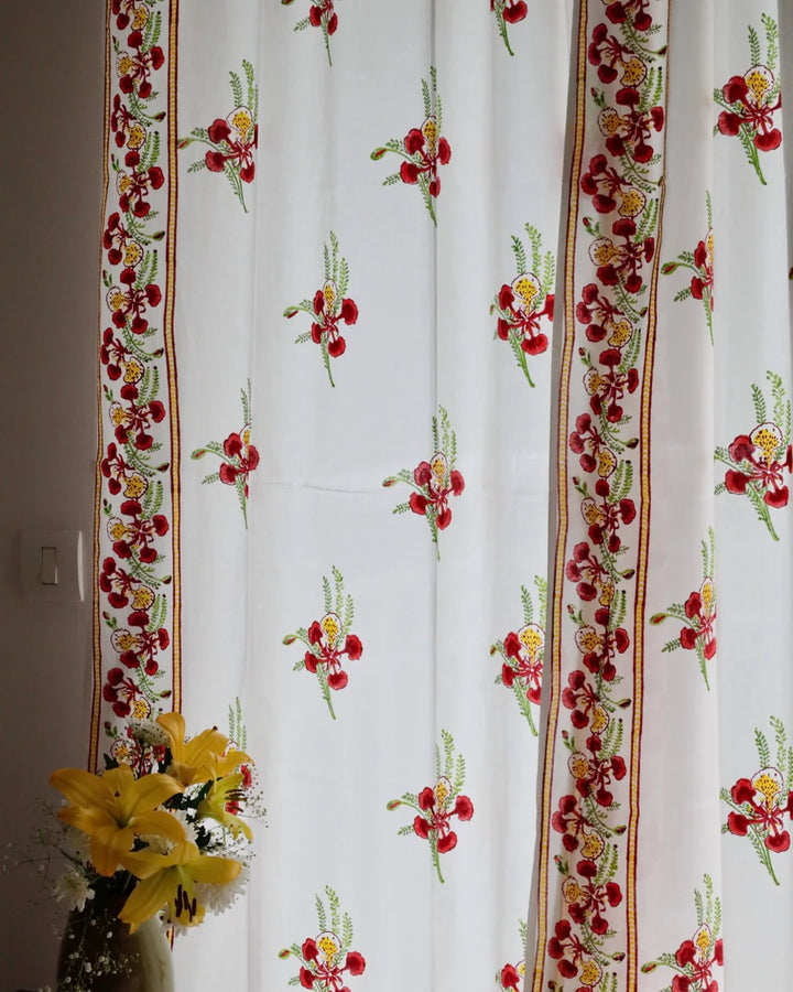 White & Red Hand Block Printed Linen Curtains | Gulmohar Flower Design