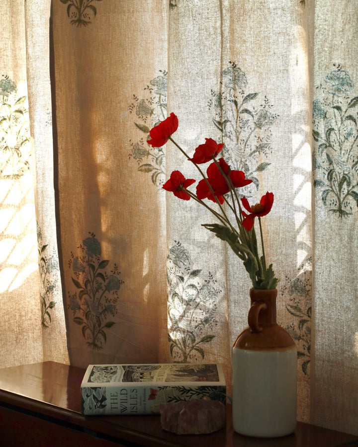 Hand Block Printed Linen Curtains | Bird & Floral Motif | Standard & Custom Lengths