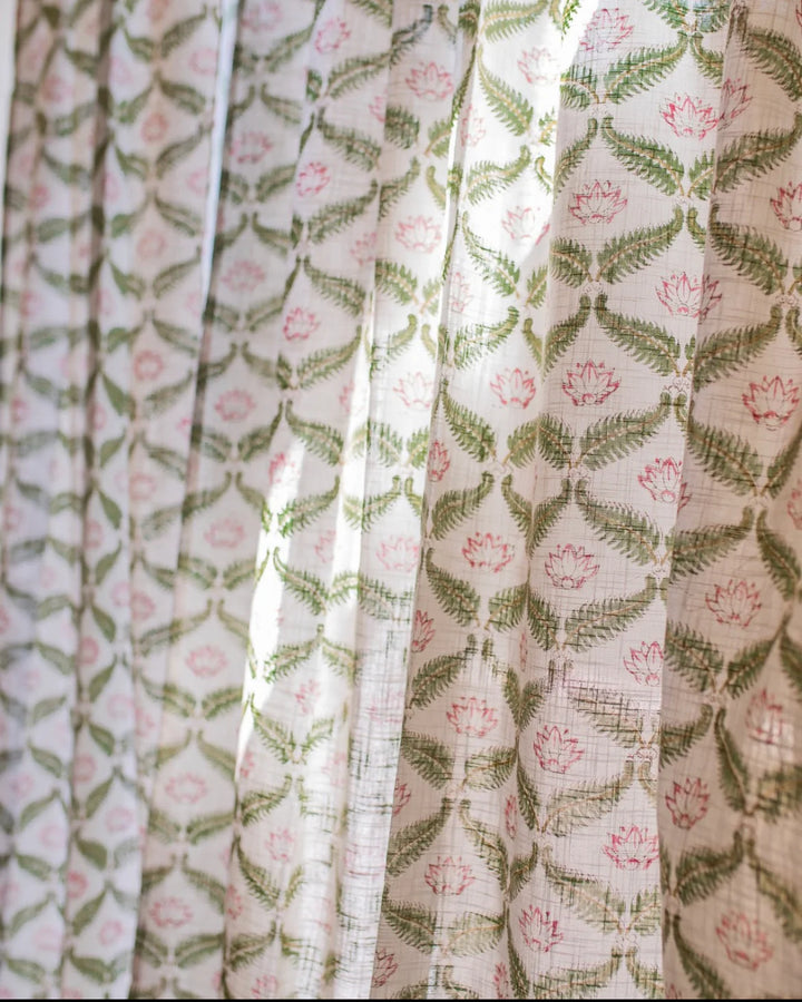 White & Green Hand Block Printed Linen Curtains | Lotus & Jaal Design