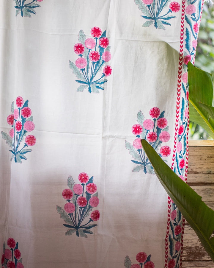 Pink & Green Hand Block Printed Linen Curtains | Floral Design